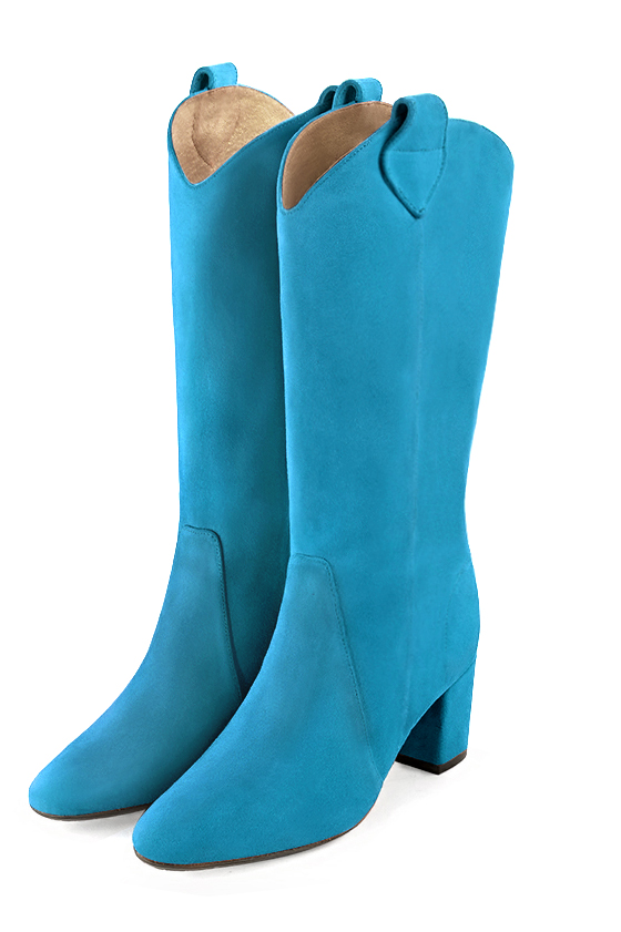 Turquoise blue women's mid-calf boots. Round toe. Medium block heels. Made to measure. Front view - Florence KOOIJMAN